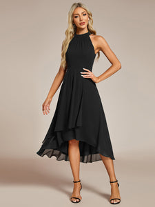 Color=Black | Elegant Halter Neckline Asymmetric Midi Lining Length  fold stream Empire Waist Chiffon Dresses-Black 9