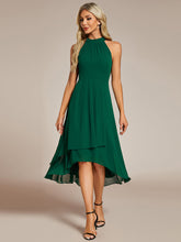 Load image into Gallery viewer, Color=Dark Green | Elegant Halter Neckline Asymmetric Midi Lining Length  fold stream Empire Waist Chiffon Dresses-Dark Green 13