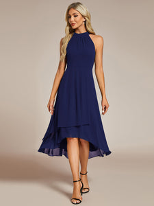 Color=Navy Blue | Elegant Halter Neckline Asymmetric Midi Lining Length  fold stream Empire Waist Chiffon Dresses-Navy Blue 18