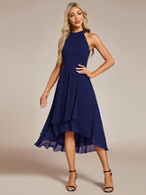 Load image into Gallery viewer, Color=Navy Blue | Elegant Halter Neckline Asymmetric Midi Lining Length  fold stream Empire Waist Chiffon Dresses-Navy Blue 19