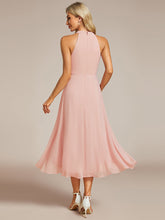 Load image into Gallery viewer, Color=Pink | Elegant Halter Neckline Asymmetric Midi Lining Length  fold stream Empire Waist Chiffon Dresses-Pink 22