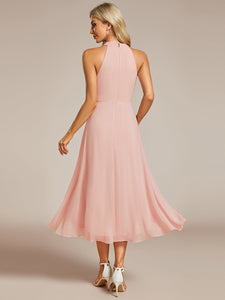 Color=Pink | Elegant Halter Neckline Asymmetric Midi Lining Length  fold stream Empire Waist Chiffon Dresses-Pink 22