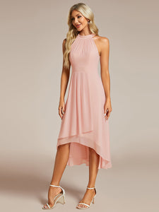 Color=Pink | Elegant Halter Neckline Asymmetric Midi Lining Length  fold stream Empire Waist Chiffon Dresses-Pink 23