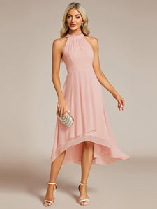 Color=Pink | Elegant Halter Neckline Asymmetric Midi Lining Length  fold stream Empire Waist Chiffon Dresses-Pink 24