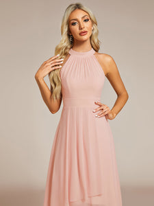 Color=Pink | Elegant Halter Neckline Asymmetric Midi Lining Length  fold stream Empire Waist Chiffon Dresses-Pink 25