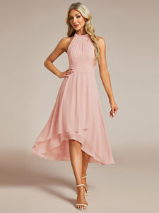 Color=Pink | Elegant Halter Neckline Asymmetric Midi Lining Length  fold stream Empire Waist Chiffon Dresses-Pink 21