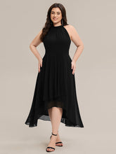 Load image into Gallery viewer, Color=Black | Wholesale Sleeveless Halter Neck Gathered A-Line High-Low Wedding Guest Dresses-Black 6