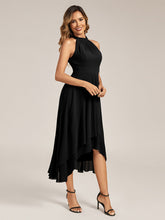 Load image into Gallery viewer, Color=Black | Wholesale Sleeveless Halter Neck Gathered A-Line High-Low Wedding Guest Dresses-Black 4