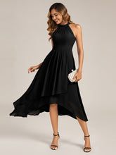 Load image into Gallery viewer, Color=Black | Wholesale Sleeveless Halter Neck Gathered A-Line High-Low Wedding Guest Dresses-Black 5