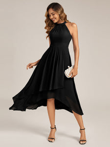 Color=Black | Wholesale Sleeveless Halter Neck Gathered A-Line High-Low Wedding Guest Dresses-Black 5
