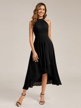 Load image into Gallery viewer, Color=Black | Wholesale Sleeveless Halter Neck Gathered A-Line High-Low Wedding Guest Dresses-Black 1