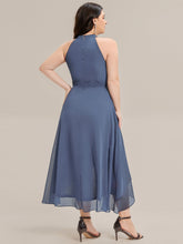 Load image into Gallery viewer, Color=Dusty Blue | Wholesale Sleeveless Halter Neck Gathered A-Line High-Low Wedding Guest Dresses-Dusty Blue 17