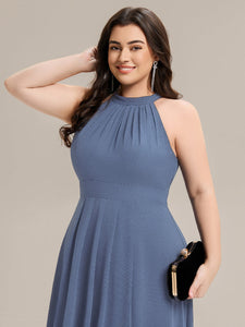 Color=Dusty Blue | Wholesale Sleeveless Halter Neck Gathered A-Line High-Low Wedding Guest Dresses-Dusty Blue 18