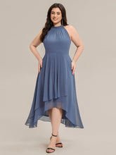 Load image into Gallery viewer, Color=Dusty Blue | Wholesale Sleeveless Halter Neck Gathered A-Line High-Low Wedding Guest Dresses-Dusty Blue 16
