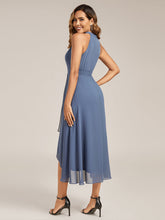 Load image into Gallery viewer, Color=Dusty Blue | Wholesale Sleeveless Halter Neck Gathered A-Line High-Low Wedding Guest Dresses-Dusty Blue 12