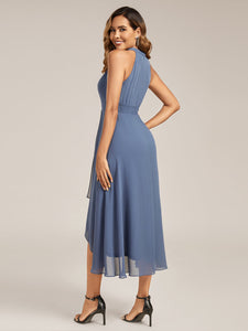 Color=Dusty Blue | Wholesale Sleeveless Halter Neck Gathered A-Line High-Low Wedding Guest Dresses-Dusty Blue 12