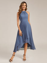 Load image into Gallery viewer, Color=Dusty Blue | Wholesale Sleeveless Halter Neck Gathered A-Line High-Low Wedding Guest Dresses-Dusty Blue 11