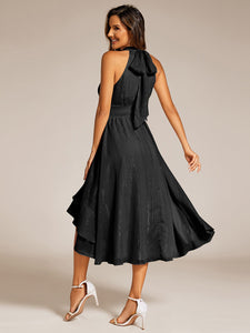 Color=Black | Elegant laceable Halter Neckline Knee Length Chiffon Dresses Asymmetrical Lotus Hem-Black 2