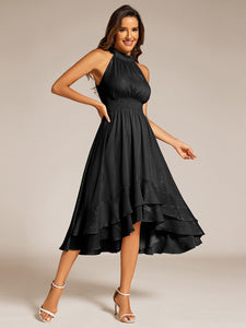 Color=Black | Elegant laceable Halter Neckline Knee Length Chiffon Dresses Asymmetrical Lotus Hem-Black 3