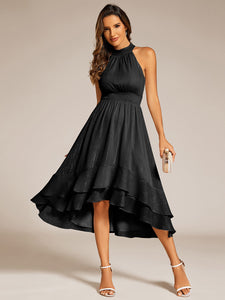 Color=Black | Elegant laceable Halter Neckline Knee Length Chiffon Dresses Asymmetrical Lotus Hem-Black 4