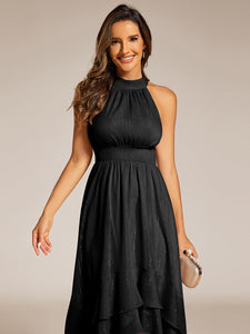 Color=Black | Elegant laceable Halter Neckline Knee Length Chiffon Dresses Asymmetrical Lotus Hem-Black 5