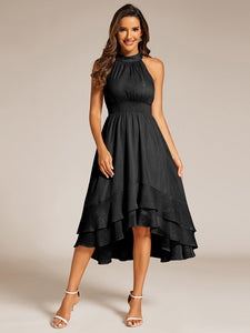 Color=Black | Elegant laceable Halter Neckline Knee Length Chiffon Dresses Asymmetrical Lotus Hem-Black 1