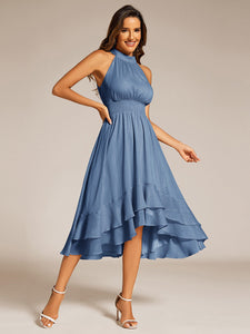 Color=Dusty Navy | Elegant laceable Halter Neckline Knee Length Chiffon Dresses Asymmetrical Lotus Hem-Dusty Navy 13