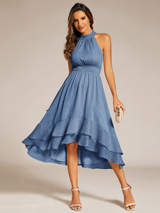 Color=Dusty Navy | Elegant laceable Halter Neckline Knee Length Chiffon Dresses Asymmetrical Lotus Hem-Dusty Navy 14