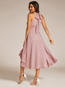 Color=Dusty Rose | Elegant laceable Halter Neckline Knee Length Chiffon Dresses Asymmetrical Lotus Hem-Dusty Rose 17