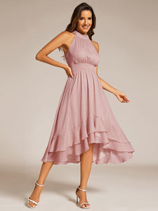 Color=Dusty Rose | Elegant laceable Halter Neckline Knee Length Chiffon Dresses Asymmetrical Lotus Hem-Dusty Rose 18