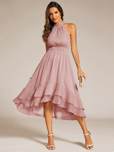 Color=Dusty Rose | Elegant laceable Halter Neckline Knee Length Chiffon Dresses Asymmetrical Lotus Hem-Dusty Rose 19