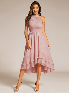 Color=Dusty Rose | Elegant laceable Halter Neckline Knee Length Chiffon Dresses Asymmetrical Lotus Hem-Dusty Rose 16