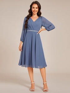 Color=Dusty Navy | Elegant Midi Length Long Lantern Sleeves Chiffon Wedding Guest Dresses-Dusty Navy 3