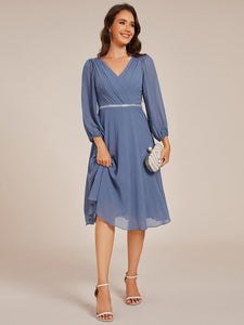 Color=Dusty Navy | Elegant Midi Length Long Lantern Sleeves Chiffon Wedding Guest Dresses-Dusty Navy 4