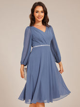 Load image into Gallery viewer, Color=Dusty Navy | Elegant Midi Length Long Lantern Sleeves Chiffon Wedding Guest Dresses-Dusty Navy 1