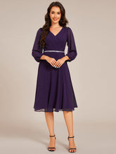 Load image into Gallery viewer, Color=Dark Purple | Elegant Midi Length Long Lantern Sleeves Chiffon Wedding Guest Dresses-Dark Purple 9