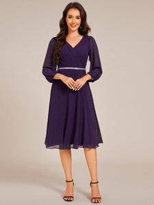 Color=Dark Purple | Elegant Midi Length Long Lantern Sleeves Chiffon Wedding Guest Dresses-Dark Purple 9