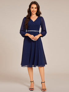 Color=Navy Blue | Elegant Midi Length Long Lantern Sleeves Chiffon Wedding Guest Dresses-Navy Blue 14