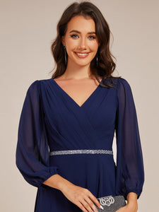 Color=Navy Blue | Elegant Midi Length Long Lantern Sleeves Chiffon Wedding Guest Dresses-Navy Blue 15