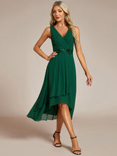Load image into Gallery viewer, Color=Dark Green | Chiffon Appliques V Neck Tea Length Sleeveless Wedding Wholesale Guest Dress-Dark Green 3