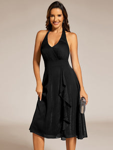 Color=Black | Elegant Halter Neckline Midi Length Shimmer Chiffon Wedding Guest Dresses with Lotus Leaf Asymmetrical Hem-Black 4