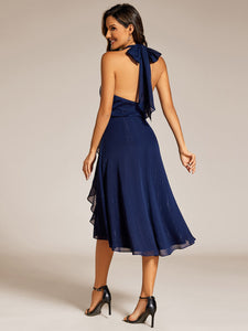 Color=Navy Blue | Elegant laceable Halter Neckline Knee Length Chiffon Dresses Asymmetrical Lotus Hem-Navy Blue 22