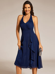 Color=Navy Blue | Elegant laceable Halter Neckline Knee Length Chiffon Dresses Asymmetrical Lotus Hem-Navy Blue 24