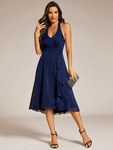 Color=Navy Blue | Elegant laceable Halter Neckline Knee Length Chiffon Dresses Asymmetrical Lotus Hem-Navy Blue 21