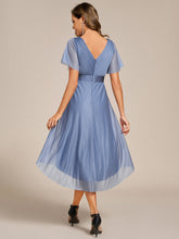 Load image into Gallery viewer, Color=Dusty Blue | Elegant Ruffles Sleeve Pleated Wedding Guest Shimmer Dresseswith Asymmetrical Hem-Dusty Blue 2