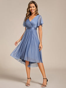 Color=Dusty Blue | Elegant Ruffles Sleeve Pleated Wedding Guest Shimmer Dresseswith Asymmetrical Hem-Dusty Blue 4