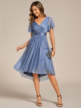 Load image into Gallery viewer, Color=Dusty Blue | Elegant Ruffles Sleeve Pleated Wedding Guest Shimmer Dresseswith Asymmetrical Hem-Dusty Blue 5