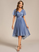 Load image into Gallery viewer, Color=Dusty Blue | Elegant Ruffles Sleeve Pleated Wedding Guest Shimmer Dresseswith Asymmetrical Hem-Dusty Blue 1
