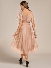 Load image into Gallery viewer, Color=Rose Gold | Elegant Ruffles Sleeve Pleated Wedding Guest Shimmer Dresseswith Asymmetrical Hem-Rose Gold 7