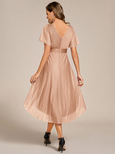 Color=Rose Gold | Elegant Ruffles Sleeve Pleated Wedding Guest Shimmer Dresseswith Asymmetrical Hem-Rose Gold 7